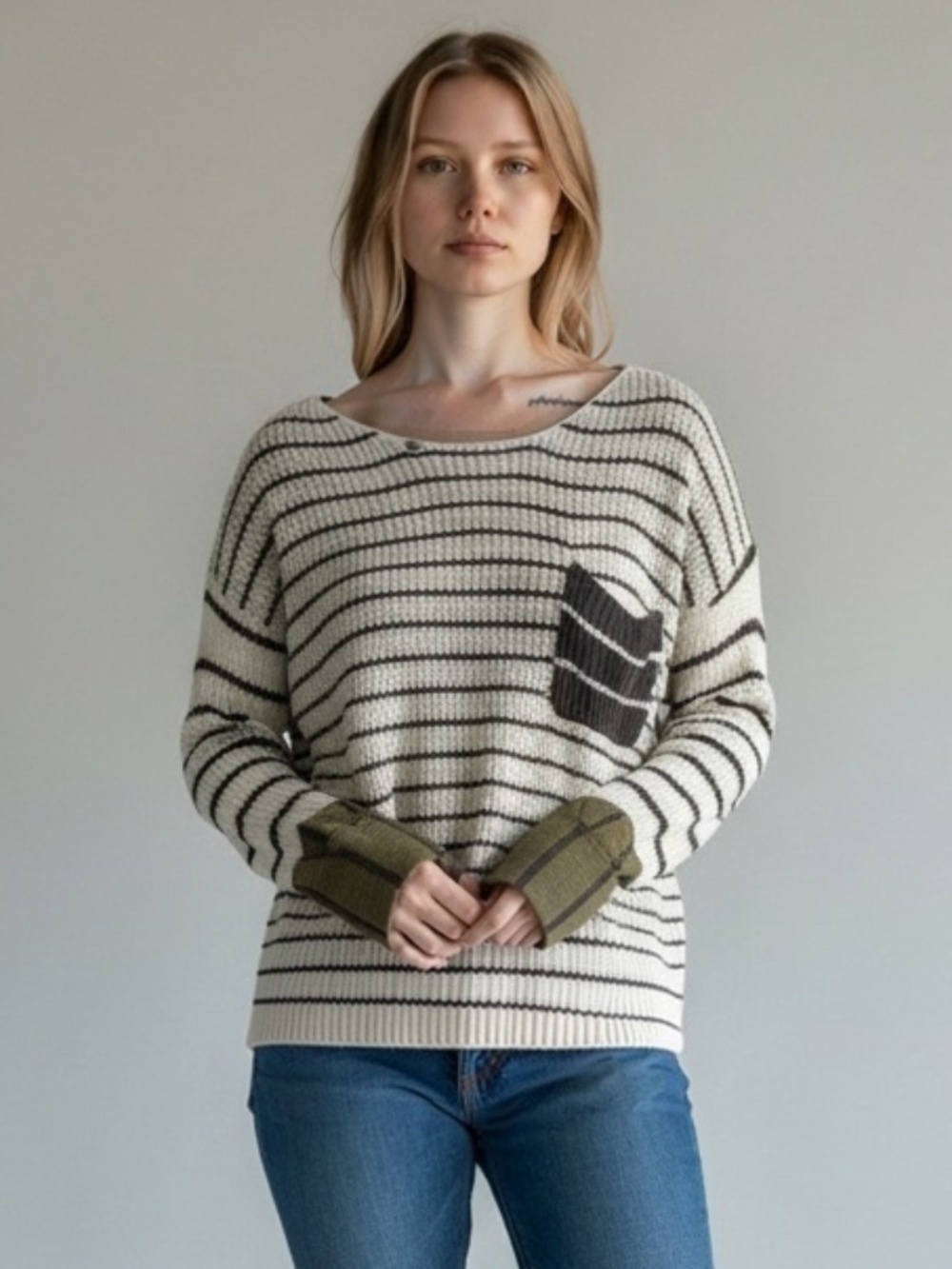 GiGiO Stripe Loose Knit Sweater Pocket Olive Cream Small Boho